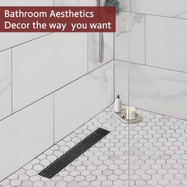32 Inch Linear Shower Drain, Matte Black Shower Drain,Removable Grate, 304 Stainless Steel, Easy to Install and Clean for Bathrooms (Drain Base Not Included), LSD-29A-32B