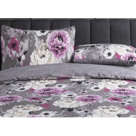 Sleepdown Inky Floral Grey Easy Care Soft Cosy Reversible Duvet Cover Quilt Bedding Set - 135 cm x 200 cm Plus 1 Pillowcase 80 cm x 80 cm