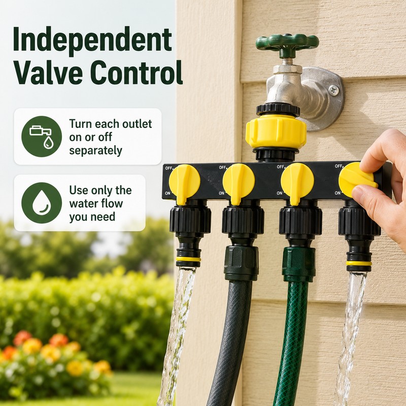 4-Way Garden Hose Splitter for Irrigation – Independent Valve Faucet