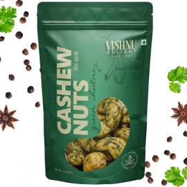 Vishnu Delight Flavored Dry Roasted Cashews - Gluten Free, Low Calorie, Zero Oil Vegan Snack Pack - Flavored Cashews - Green Chutney, 3 Oz (Pack of 1)