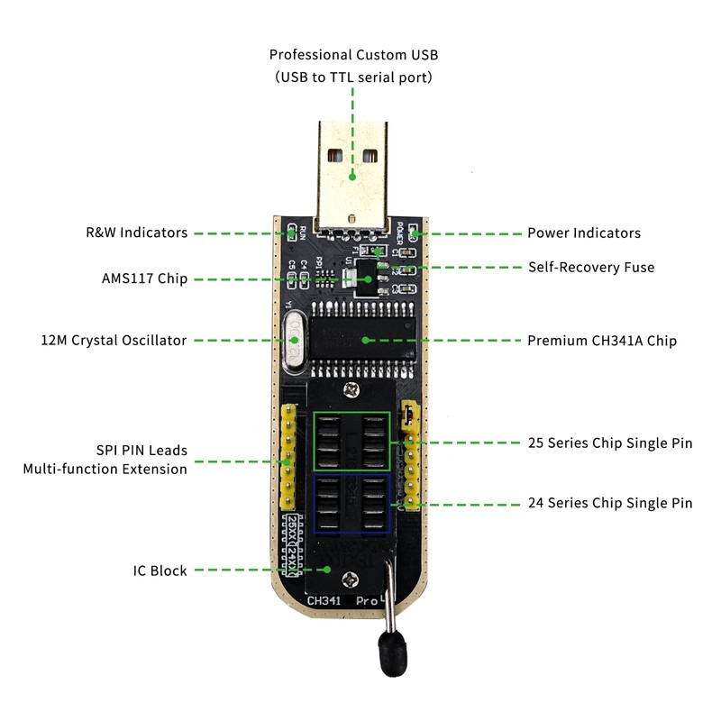 Podazz CH341A 24/25 Series EEPROM Flash BIOS USB Programmer with