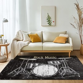 Doteon Music Area Rugs 5x7 Rug for Living Room Drum Set Vintage Area Rug Non Slip Black Music Large Rug for Living Room, Bedroom, Farmhouse, Dining Room, Home Decor