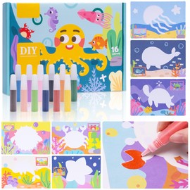 Toptime Sand Art Kits for Kids, 12 Colored Sand Bottle 16 Sheet Ocean Animal Sand Art Pictures, Peel and Stick DIY Crafts Set for Girls and Boys, Sand Painting Arts and Crafts for Kids Ages 8-12