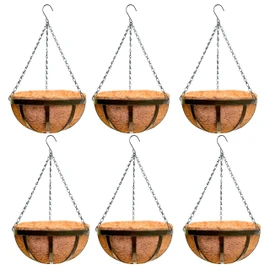 LaLaGreen Outdoor Hanging Baskets for Plants (16 Inch, 6 Pack) Large Hanging Planter with Coco Liner, Black Plant Metal Flat Iron Round Flower Pots Deck Patio Modern Garden Balcony Outside Decoration