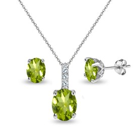 B. BRILLIANT Sterling Silver Peridot & White Topaz Oval Crown Necklace & Stud Earrings Jewelry Set for Women