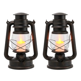 FUWDEO 2-Pack Vintage LED Lanterns with Moving Flame Flickering- 9.5" Decorative Flameless Battery Operated Lamps with Timer for Outdoor Garden, Patio & Indoor Decor - Bronze