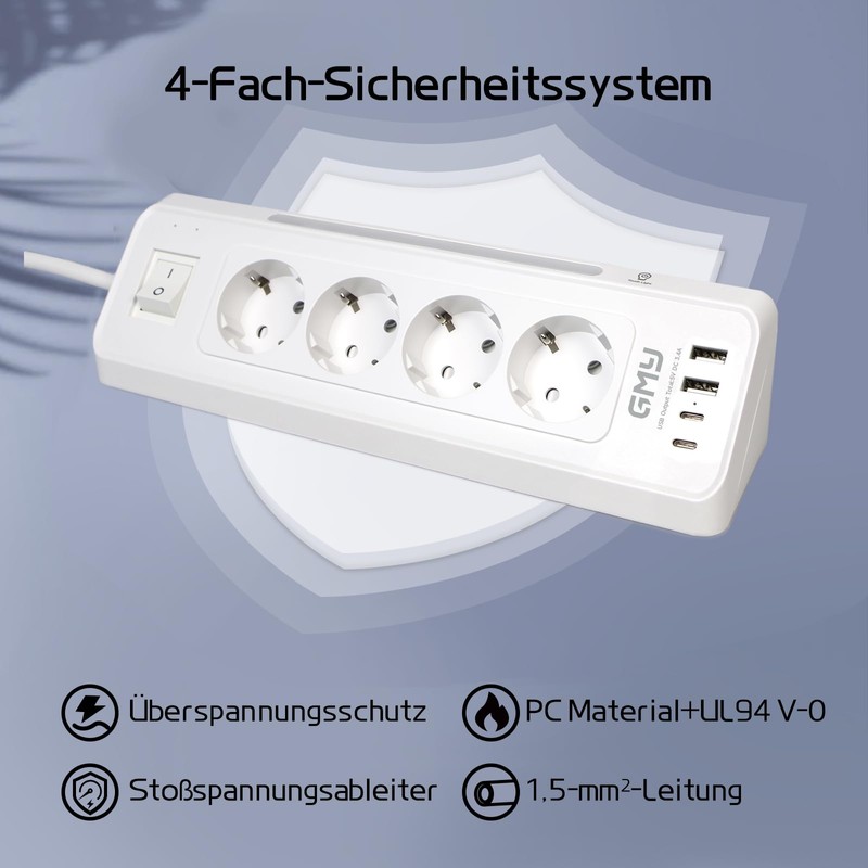 White Power Strip with 4 USB Ports, Multiple Socket with