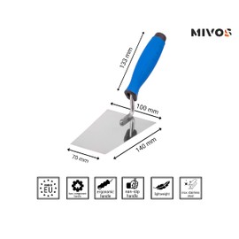 Mivos Stainless Steel Trapezoidal Trowel 140 x 70 mm - Rustproof Masonry Trowel 140 mm with Rubber Handle - Plastering Trowel for Masonry - Trapezoidal Smoothing Trowel Made in EU