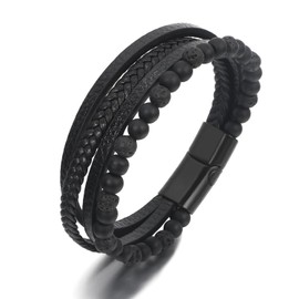 Pulsera Cuero Hombre, Regalos para Papá Dia del Padre Original, pulsera trenzada de piel personalizada, Brazalete Caballero, Joyería Regalos para Hombres Papá Esposo Novio Cumpleaños (Roca volcánicas)