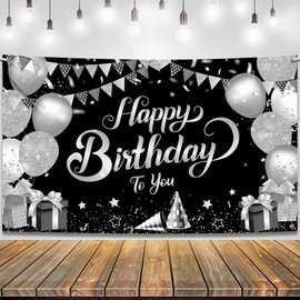 KatchOn, Black and Silver Happy Birthday Banner - Large, 72x44 Inch | Black and White Happy Birthday Banner | Black White Silver Happy Birthday Decorations for Mens Women, Birthday Party Supplies
