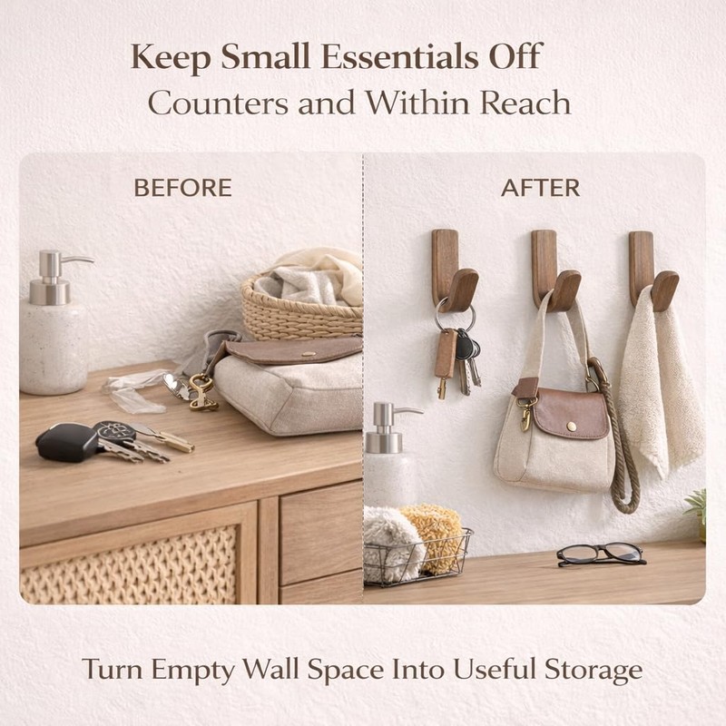 TYNUOCN 6 Pack Walnut Adhesive Wall Hooks, Decorative Wooden J