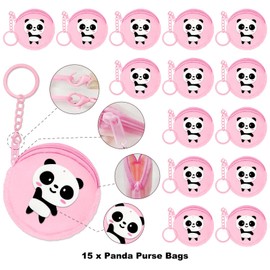 Elecrainbow 15 Pack Panda Mini Coin Purses with Keyring for Panda Safari Jungle Party,Goodie Bag Stuffer, Panda Lovers, Birthday Party, Pink