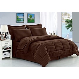 Elegant Comfort Wrinkle Resistant - Silky Soft Dobby Stripe Bed-in-a-Bag 8-Piece Comforter Set --Hypoallergenic - King Chocolate