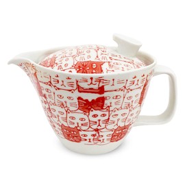 J Kitchens Izan Kiln Teapot with Tea Strainer, 13.8 fl oz (385 ml), For 2 to 3 People, Hasamiyaki, Made in Japan, Cats, Red, L