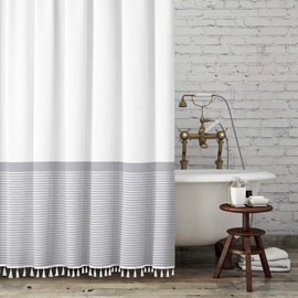 Seasonwood Tassel Fabric Shower Curtain White Gray Striped 78-Inch Bathroom Curtain Set with 4'' Fringes, Spa Hotel Heavy Weighted Bath Curtains Nordic Chic (72 x 78, White)
