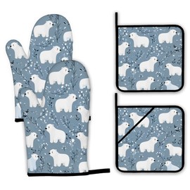 Cute Polar Bear Oven Mitts and Pot Holders,Winter Heat Resistant Oven Mitts Gloves and Pot Holder for Home Kitchen Decorations Cooking Baking BBQ Gifts,Set of 4