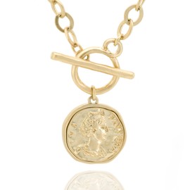 KKOXZ Chunky Gold Coin Pendant Necklace Trendy Layered Statement Chain for Women, Antique Toggle Design with Thick Link, Fashionable Necklaces for Women (Worn Gold)