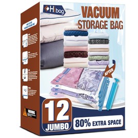 HIBAG Vacuum Storage Bags, 12 Jumbo Vacuum Seal Bags for Clothing, Space Bags for Clothes, Comforters, Blankets, Bedding (12J)