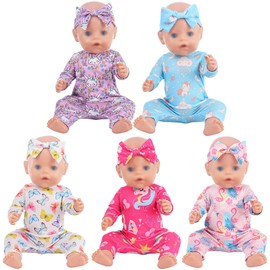 5 Sets Baby Doll Clothes Include Romper and Headband for 43cm / 17 inch New Born Baby Dolls (No Doll)