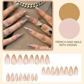 Ceboic 24 Stück Press on Nails Mittel Mandel, 3D Handgefertigt Nägel Zum Aufkleben Gold Streifen French Fake Nails, Wiederverwendbare Akrylnägel Künstliche Nägel, Fingernägel zum Aufkleben für Frauen