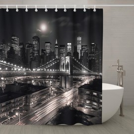 TheBlackSpot Black and White Mens Shower Curtain for Men 3D Designer New York City Night Scene Urban Life Brooklyn Manhattan Bath Curtains Decor Grommet with Hooks 60" W × 72" H