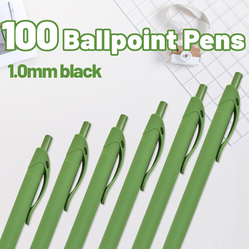 Wiaziert BallPoint Pens, 100 Pack (BLACK Ink),Bulk Pens, Green Barrel,Click