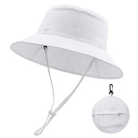 MK MATT KEELY Toddler Sun Hat Baby Cotton Bucket Hats Kids Summer UV Protective Foldable Cap for Boys Girls with Adjustable Chin Straps,White,Age 4-7 Years