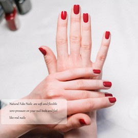 Florry Solid Color Press on Nails Short False Nails Square Fake Nails for Women Reusable Acrylic Natural Stick on Nails 24Pcs (Red)