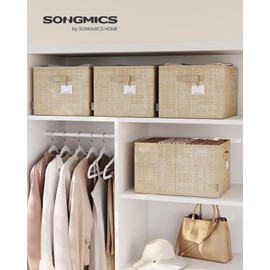 SONGMICS Collapsible Storage Boxes, Set of 3 Fabric Storage Baskets, 40 x 30 x 24 cm, Wardrobe Storage Organisers, 2 Handles, Label Holders, for Bedroom, Living Room, Sand Beige ROB440K01