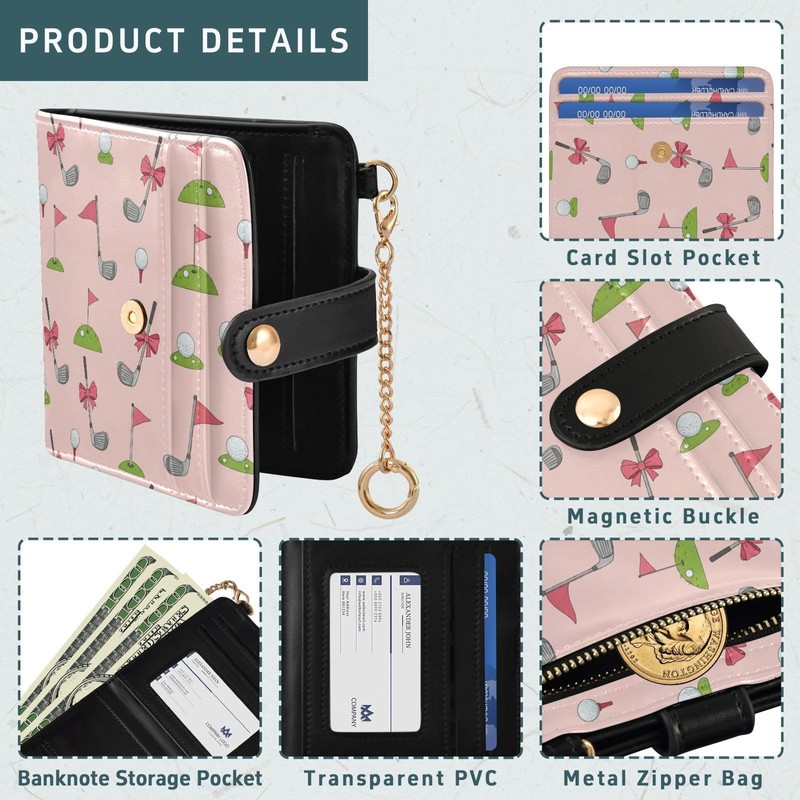DOMIKING Pink Golf Bow Pattern Wallet for Women Bifold PU