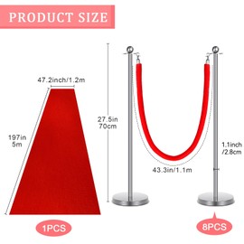 8 Set Red Carpet Party Runner with Poles 27. 5 Inch Poles and Velvet Ropes with 3. 95 x 16. 5ft Red Aisle Runway Rug for Movie Night Party Christmas Wedding Decoration(Silver)