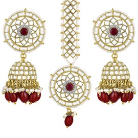 Aheli Gold Plated Kundan & Beads Studded Jhumki Earrings & Maangtikka Ethnic Bridal Jewellery Set Gift for Women Maroon