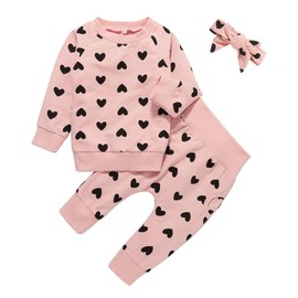 BINPAW Toddler Girls Outfits Clothes Long Sleeve Heart Print Sweatshirt Top + Pants Set With Matching Bowknot Headband, Pink, US Size 18-24 Months = Tag 100