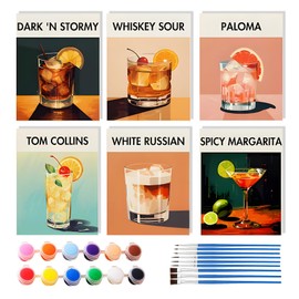 Paint by Numbers Adult Cocktail Drinks Set - DIY 6 Pieces, Frameless, 15 x 20 cm, Modern Bar Mixology Drinks Paint Art Series