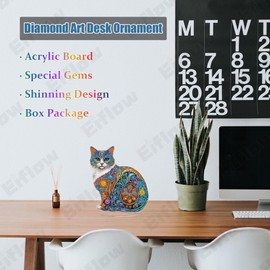 Eiflow Tabletop Diamond Art Kit Cat, Desktop Diamonds Painting Board Kit for Adults, DIY Stand Up Acrylic Gem Art Craft Placement Ornament Animal