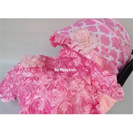 Rosy Kids Infant Carseat Canopy Cover 4pc Whole Caboodle, Baby Car Seat Cover Baby Blanket Outdoor Travelling Kit, Cotton Quatrefoil Print Baby Pink