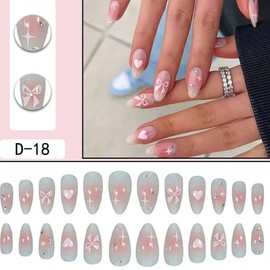 Press on Nails Medium Almond-Shaped False Nails Artificial Minimalist Heart Bow Full Cover Nails Acrylic Coffin Nails Reusable Glue on Nails DIY Stick on Nails for Women 24Pcs