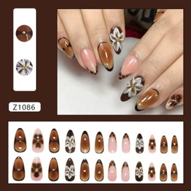 Thanksgiving Day Press on Nails Flowers Fake Nails Short Almond False Nail Fall Brown Stick on Nail Medium Length Glossy Acrylic on Nail Full Cover Artificial Glue on Nails for Women Fall Manicure