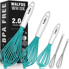 Walfos Silicone Whisk, BPA FREE Kitchen Whisk With 7+5in Mini Stainless Steel, 7+9+11in Non Scratch Coated Whisks for Nonstick Cookware, Premium for Whisking, Blending, Frothing, Beating.(Blue)