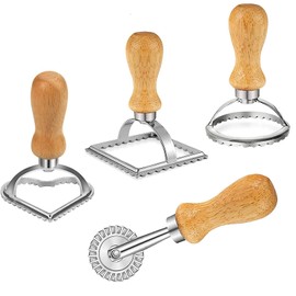 Ravioli Stamp Maker Cutter Set - 4 PCS Pasta Roller Wheel Mold with Wooden Handle & Fluted Edge for Making Ravioli Pasta Dumplings Lasagna - Pasta Press Tools for Kitchen