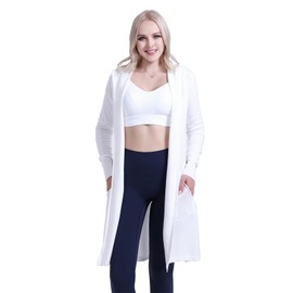 SMILING PINKER Women Light Weight Hooded Cardigan Casual Drape Open Front Long Sweater with Pockets(White,XS)
