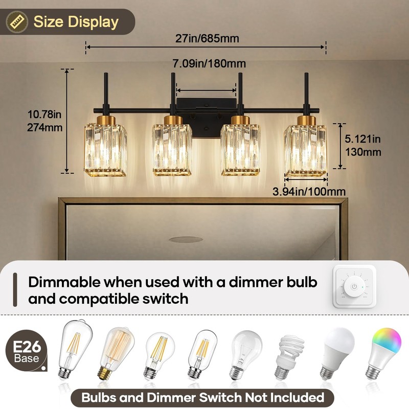 Torondo Modern Crystal Bathroom Vanity Light 4-Lights Gold Bathroom Light
