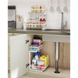 Under Sink Organizer Storage for Families: Pull Out Storage Undersink Organizers Drawer Cabinet - Sliding 2 Tier Rack Metal Organization Under Counter Kitchen Bathroom for Homemakers(White,2 Pack)