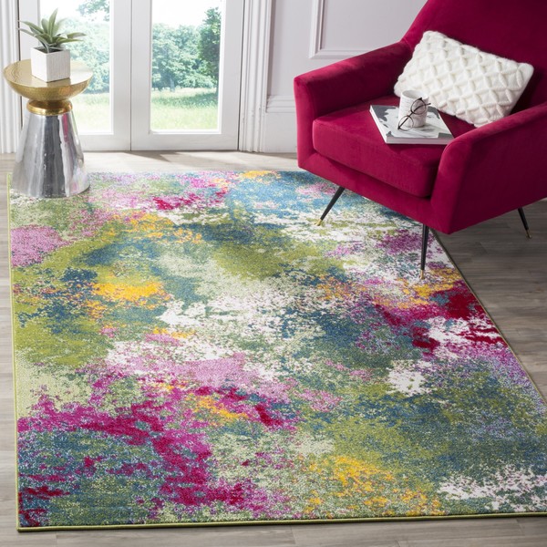 SAFAVIEH Watercolor Collection WTC697C Colorful Boho Abstract Non-Shedding Living Room Bedroom Dining Home Office Area Rug, 5'3" x 7'6", Green / Fuchsia