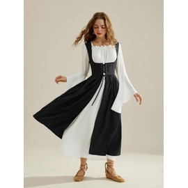 Renaissance Costume Women Black Maxi Dresses Long Sleeve Medieval Dress with Pockets Black L