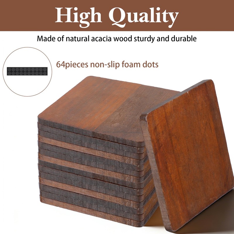 16 Pcs Square Acacia Wood Coasters, Acacia Wood Square Coasters