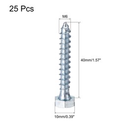 sourcing map Hex Lag Screws, M6 x 40mm Carbon Steel Zinc Plated Full Thread Self-Tapping Bolts for Wood Screw 25Pcs