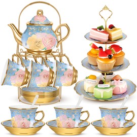 Suttmin 21pcs Porcelain Teapot Set with Metal Holder and Cupcake Stand Ceramic Tea Pot Cups Saucers Cupcake Tier Tower European Tea Set for Women Girls Tea Parties Weddings Gifts(Blue)