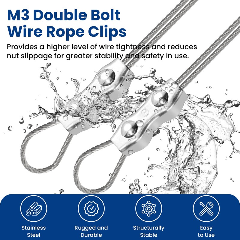 ZIUZI 12 Pcs M3 Stainless Steel Duplex Wire Rope Clip,