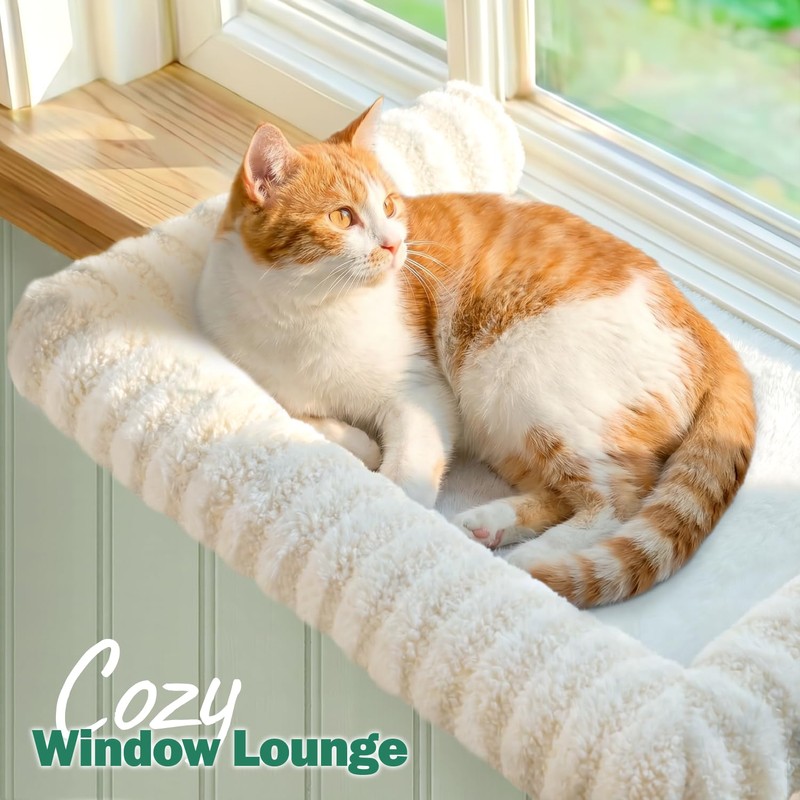 Zakkart Mellow Cat Perch for Windowsill with Hardwood Frame (Beige,